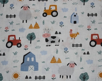 12,40 EUR/meter cotton fabric Tracteur farm on white woven fabric 100% cotton