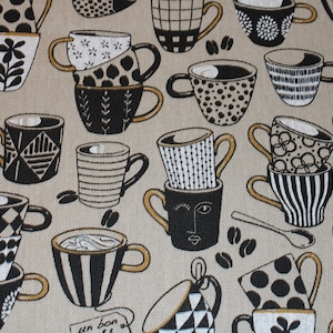 14,30 EUR/metro tessuto decorativo in tela tazze da caffè tazze di caffè su misto cotone effetto lino beige chiaro