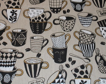 14,30 EUR/metro tessuto decorativo in tela tazze da caffè tazze di caffè su misto cotone effetto lino beige chiaro