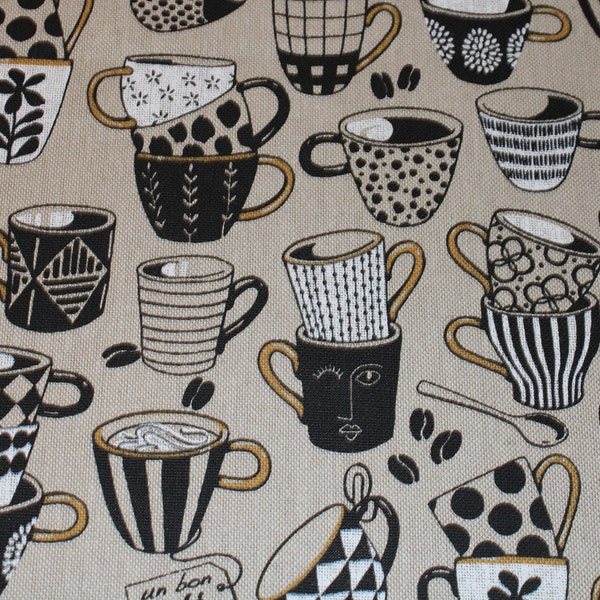 14.30 EUR/meter canvas decorative fabric coffee cups cups of coffee on light beige linen look cotton mix
