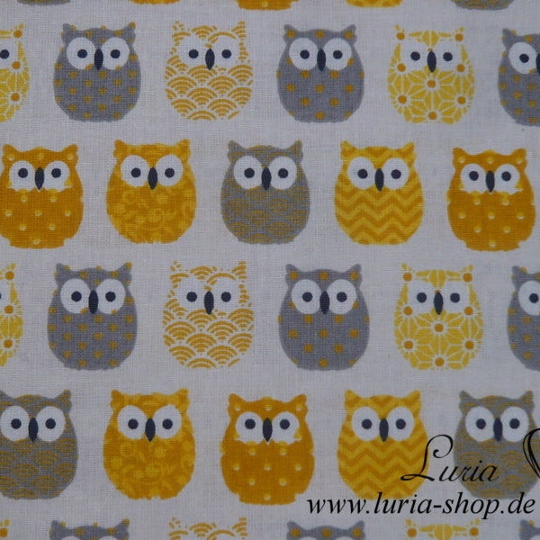 11,10 EUR/Meter Cotton Fabric Mini Hiboux Owls yellow grey on white Woven fabric 100% cotton