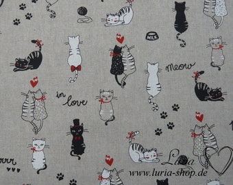 14,50 EUR/m Dekostoff Canvas süße Katzen Meow auf hellbeige Baumwollmix