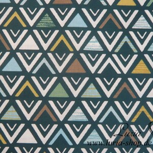 May include: Teal fabric with a repeating pattern of white, brown, blue, and yellow triangles. The triangles are outlined in white and have a variety of textures and patterns. The fabric has the text "Luria www.luria-shop.de" in the bottom right corner.
