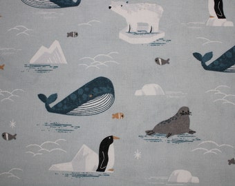 15,00 EUR/meter decoratiestof canvas walvissen ijsberen pinguïns op een blauwgrijze katoenmix