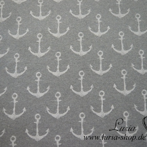 May include: Gray fabric with a white anchor pattern repeated throughout the fabric. The fabric has a slightly textured surface.