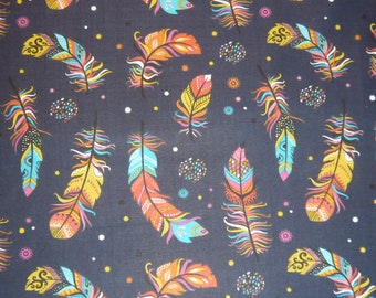 9.90 EUR/meter cotton fabric colorful feathers on dark blue woven fabric 100% cotton