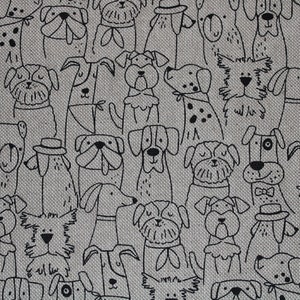 May include: A black and white pattern of various dog breeds on a grey background. The dogs are all in different poses and have different facial expressions.