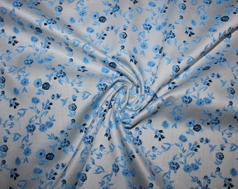15.70 EUR/meter dirndl fabric flowers blue light blue on white cotton satin