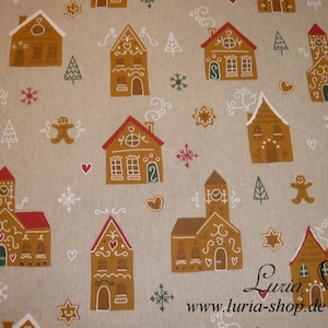 12.60 EUR/meter Stof Decoratieve Stof Peperkoek op lichtbeige natuurlijke kerstkatoen mix