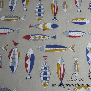 0.85 m REMNANT Canvas colorful fish on natural beige linen look / lake, sea