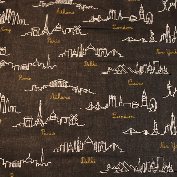 12,70 EUR/meter cotton fabric road trip cities on black woven fabric 100% cotton