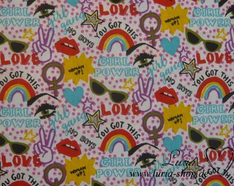 11.00 EUR/meter Fabric cotton Girl power Love colorful on white Chupa