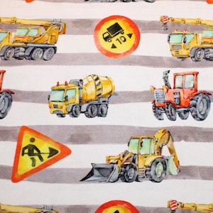 18.40 EUR/meter Jersey vehicles construction vehicles cars on beige white cotton jersey