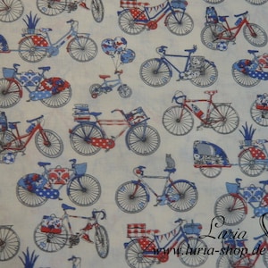 12.60 EUR/meter cotton fabric bicycles blue red on white woven fabric 100% cotton