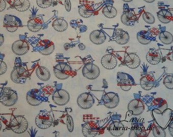12.00 EUR/meter cotton fabric bikes blue red on white Woven 100% cotton