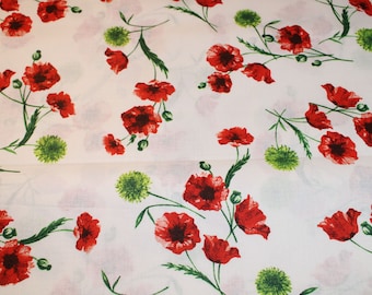 11,60 EUR/mètre tissu coton coquelicots rouge sur blanc Tissé 100% coton