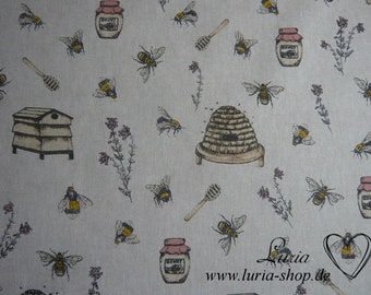 12.60 EUR/meter canvas decorative fabric bees beekeepers on light beige linen look cotton mix