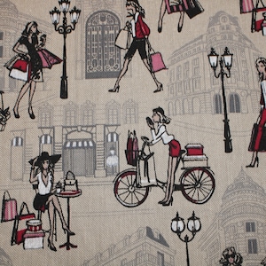 14,30 EUR/m Canvas Dekostoff Shopping Mode Girls auf hellbeige Leinenoptik Baumwollmix