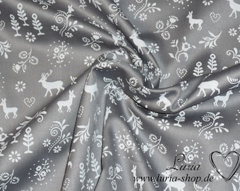 0.25 m REMNANT Dirndl fabric, deer white on grey, cotton satin