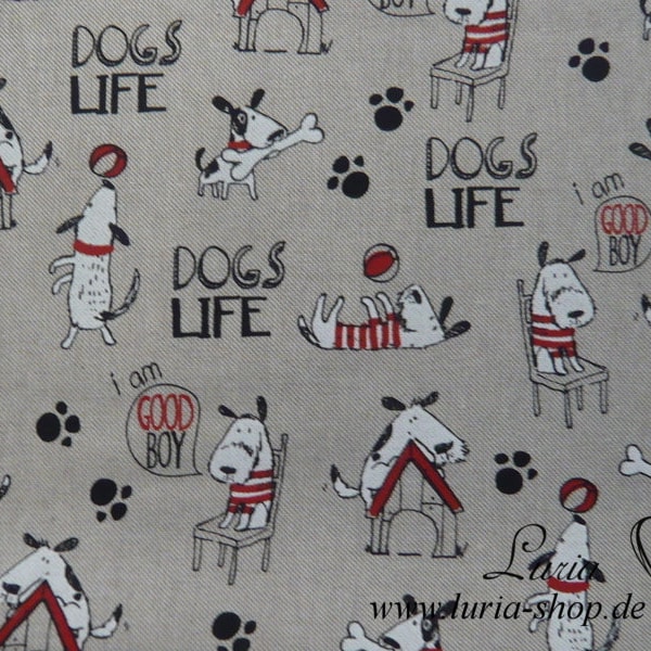 14,90 EUR/m Dekostoff Canvas süße Hunde Dogs life auf hellbeige Baumwollmix