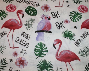 11,20 EUR/m Baumwollstoff Flamingo und Papagei auf weiß Webware 100% Baumwolle