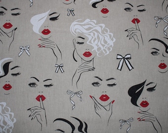 14.30 EUR/meter Canvas decorative fabric Coco women's faces on light beige linen look cotton mix