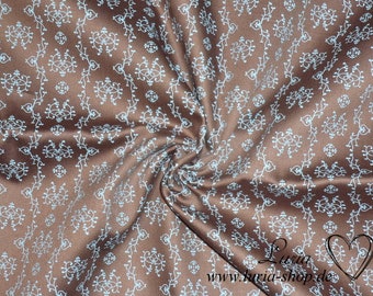 0.30 m REMNANT Dirndl fabric tendrils blue on brown cotton satin 100% cotton