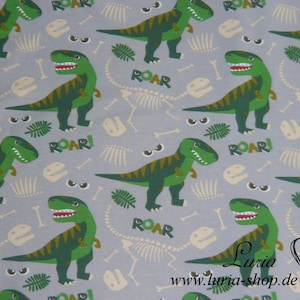 14.40 EUR/meter Summer sweat Dino lifecycle green on blue-grey French Terry