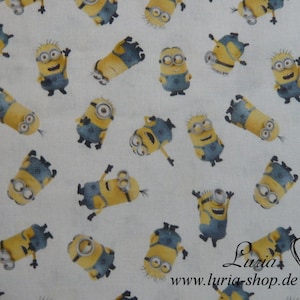 May include: White fabric with a repeating pattern of yellow Minions. The Minions are in various poses, some with their arms raised, some with their arms down, and some with their mouths open. The fabric is perfect for crafting projects, such as making clothes, bags, or home decor.