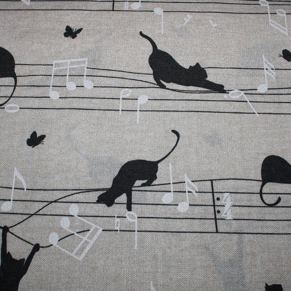 13,60 EUR/m Dekostoff Katzen Katzenband Musik auf hellbeige Baumwollmix