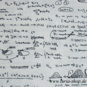 Könnte beinhalten: Ein weißer Stoffhintergrund mit handschriftlichen mathematischen Gleichungen und Formeln in schwarzer Tinte. Der Text enthält die Wörter "Luria" und "www.luria-shop.de".