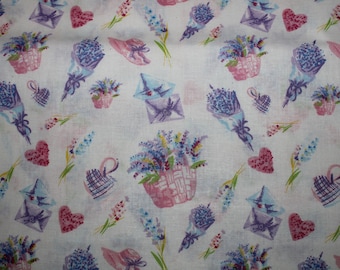 11.50 EUR/meter cotton fabric flowers lavender hearts flower baskets on white woven fabric 100% cotton
