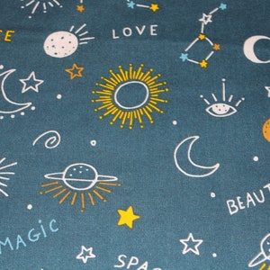 Può includere: Un tessuto blu-verde con un motivo ripetitivo bianco e giallo di stelle, lune, soli, pianeti e costellazioni. Il tessuto presenta anche le parole "SPACE", "LOVE", "MAGIC", "BEAUTIFUL" e "SPA" stampate su di esso.
