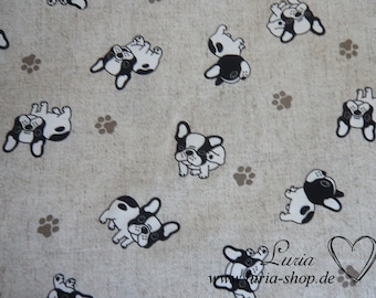 12.50 EUR/meter decorative fabric cute bulldog dogs on light beige linen look cotton mix