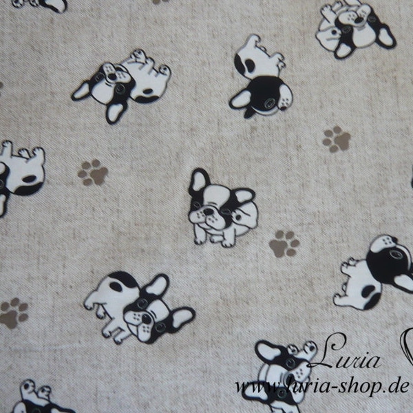 12,50 EUR/meter decorative fabric cute bulldog dogs on light beige linen look cotton mix