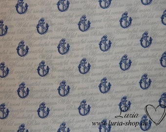 9.90 EUR/meter cotton fabric Maritim anchor text blue on white Woven 100% cotton
