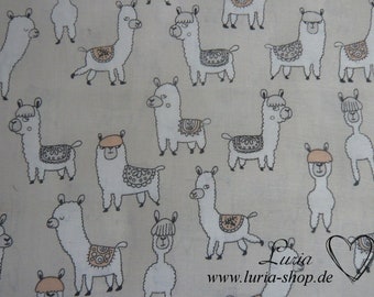 0.70 m REMNANT cotton fabric funny llamas on light beige woven fabric 100% cotton