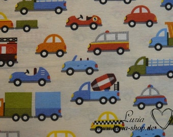 9.60 EUR/meter decorative fabric vehicles cars on cream white cotton mix