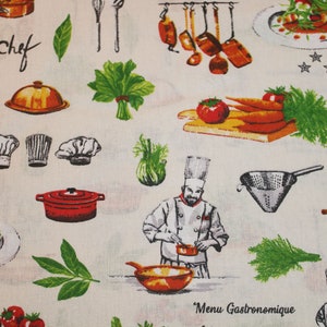 12.60 EUR/meter cotton fabric Chef Top Chef on white woven fabric 100% cotton