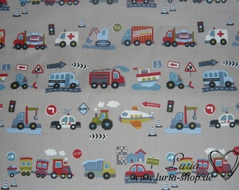 12.20 EUR/Meter cotton fabric Traffic vehicles Klaxon beige Weave 100% cotton