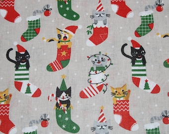12.60 EUR/meter cotton fabric Chaussette Christmas cats on beige woven fabric 100% cotton