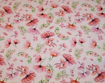 13.70 EUR/meter cotton fabric wild roses flowers on white Meida woven fabric 100% cotton