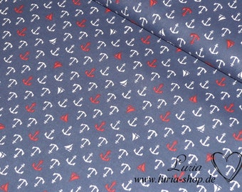 0.15 m REMNANT cotton fabric small anchors white red on dark blue woven fabric 100% cotton