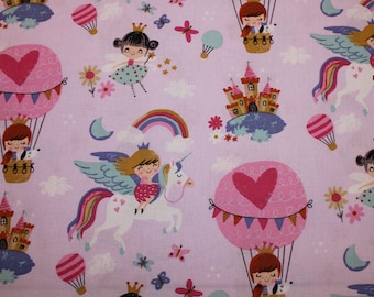 13.60 EUR/meter cotton fabric Ninon cute unicorns and princesses on pink weave 100% cotton