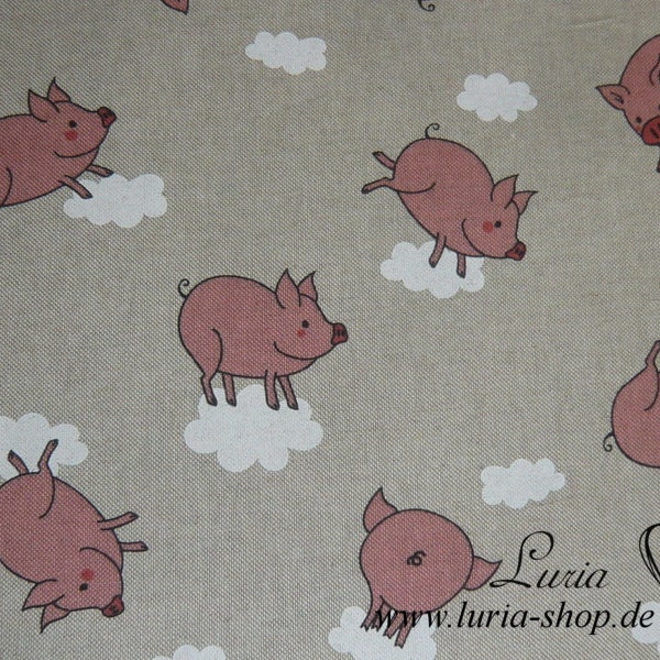 13,10 EUR/mètre toile tissu décoratif cochon porte-bonheur rose sur mélange de coton beige clair naturel