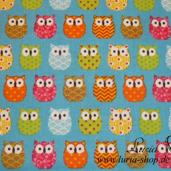 11.10 EUR/meter cotton fabric Mini Hiboux owls colorful on turquoise woven fabric 100% cotton