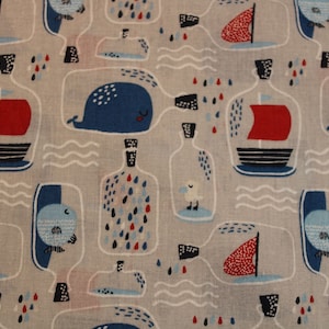 11,30 EUR/meter cotton fabric Bottle Message in a Bottle on light grey woven fabric 100% cotton
