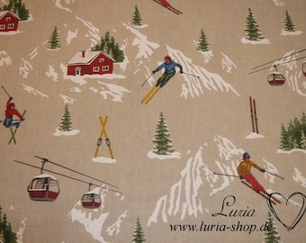 15.50 EUR/meter decorative fabric canvas skiers on light beige natural Christmas winter cotton mix