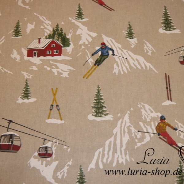 15.50 EUR/meter decorative fabric canvas skiers on light beige natural Christmas winter cotton mix