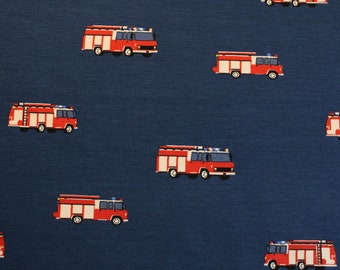 15,50 EUR/mètre jersey camions de pompiers pompiers rouge sur jersey de coton bleu foncé